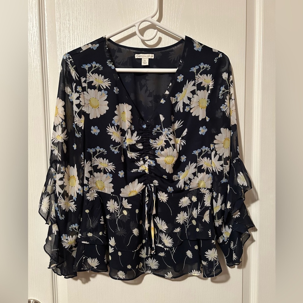 NWOT Navy Floral Blouse with Ruffle Sleeves